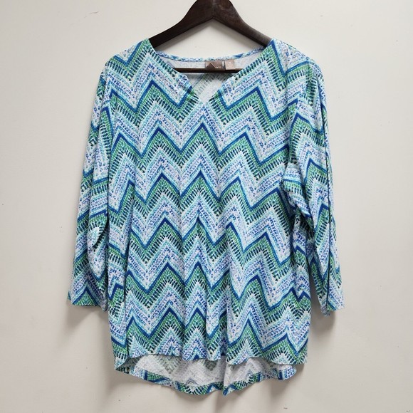 Chicos Womens V Neck Blouse Size XL 3/4 Sleeve Blue Green Chevron - Picture 1 of 9